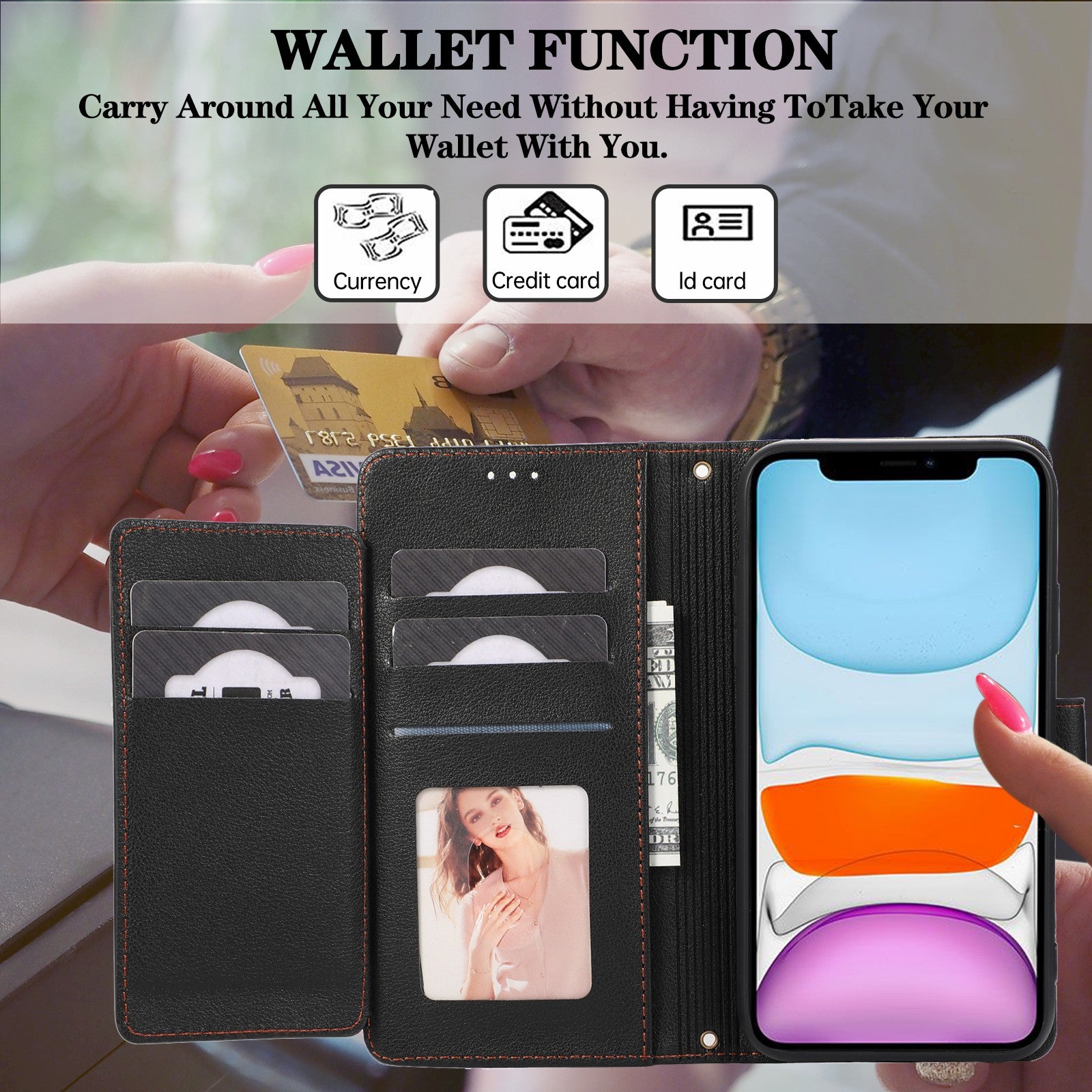 For iPhone 11 Cell Phone Case Lines Imprinted Built-in Mirror Anti-drop Leather Cover with 2 Straps - Black For iPhone 11 Cell Phone Case Lines Imprinted Built-in Mirror Anti-drop Leather Cover with 2 Straps - Black